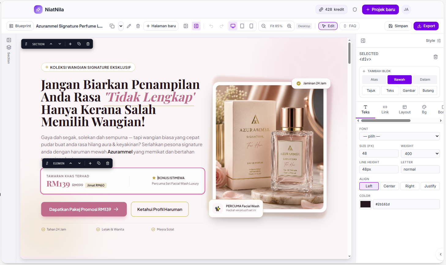 Paparan editor RekaRangka untuk contoh website minyak wangi, memfokuskan kanvas halaman dan kawalan gambar, warna serta teks.