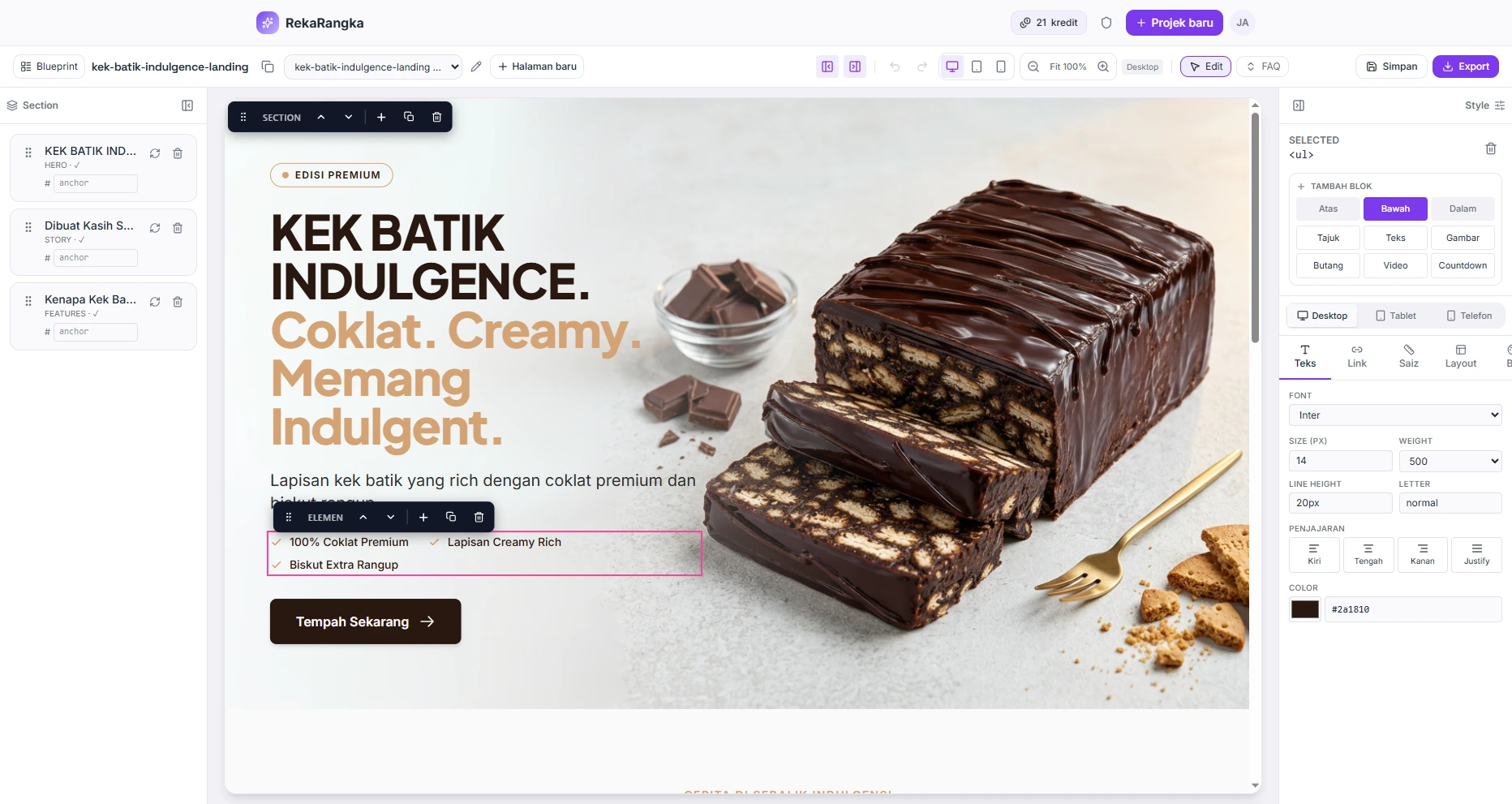 Paparan editor RekaRangka untuk contoh website kek batik, memfokuskan kanvas halaman dan kawalan gambar, warna serta teks.
