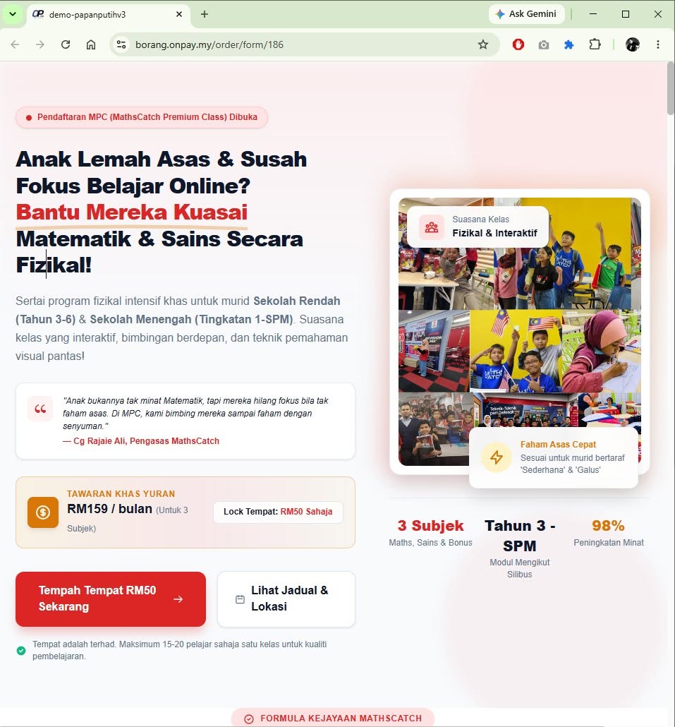 Demo landing page kelas matematik dengan penerangan tawaran kelas