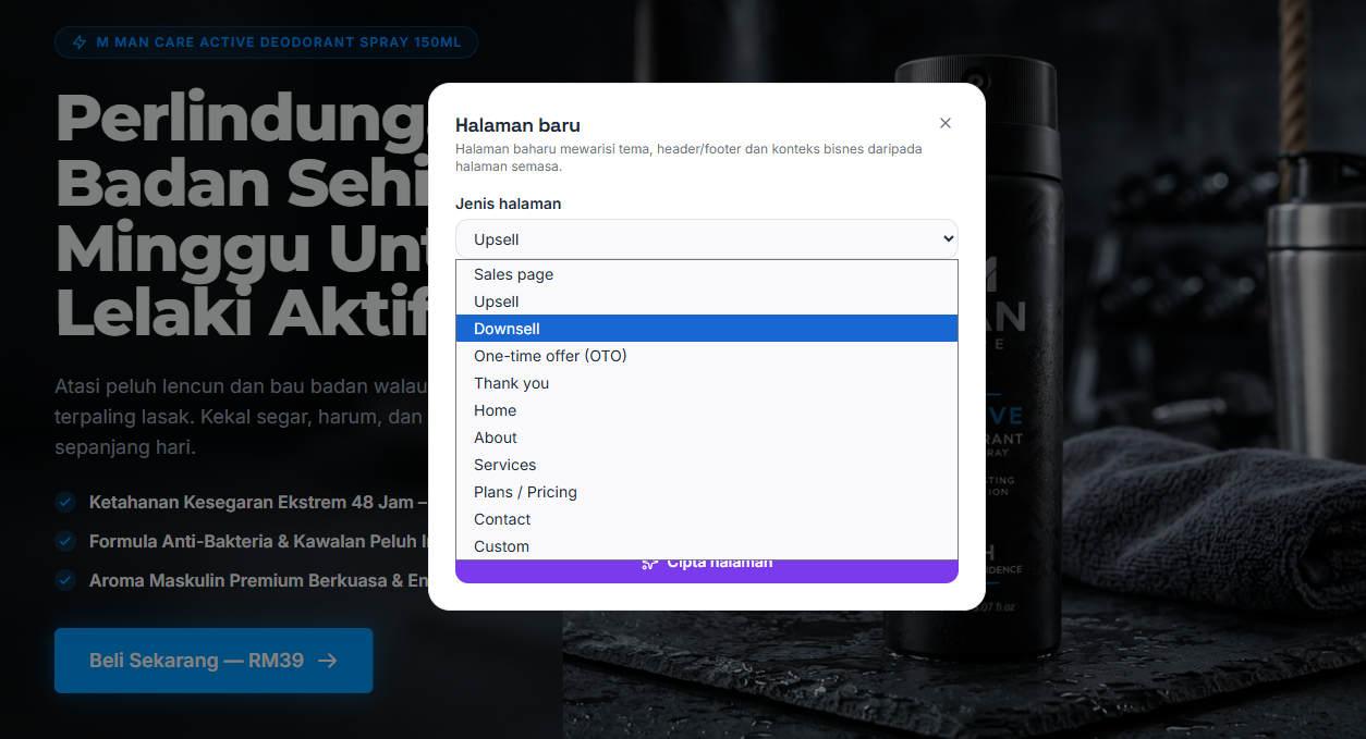 Dialog Halaman baru dalam RekaRangka, dengan konteks website sedia ada di belakang untuk menambah halaman yang mewarisi tema, header dan footer.