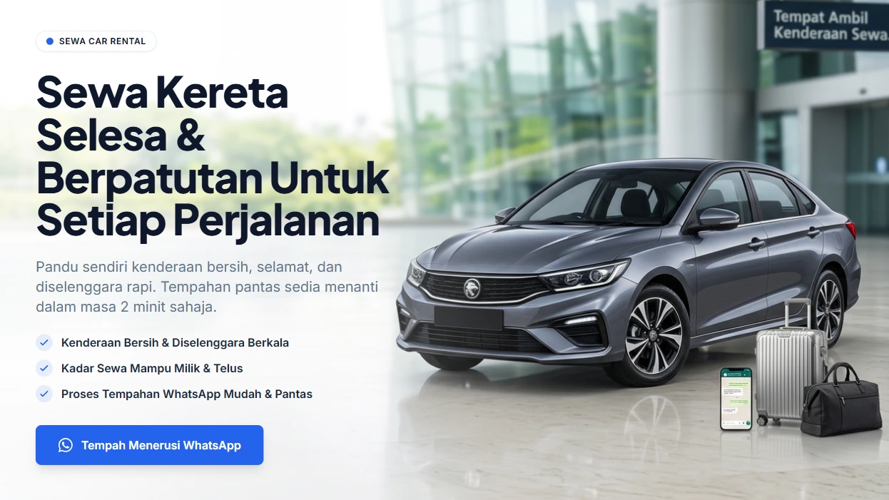Contoh hasil website RekaRangka: landing page perkhidmatan sewa kereta.